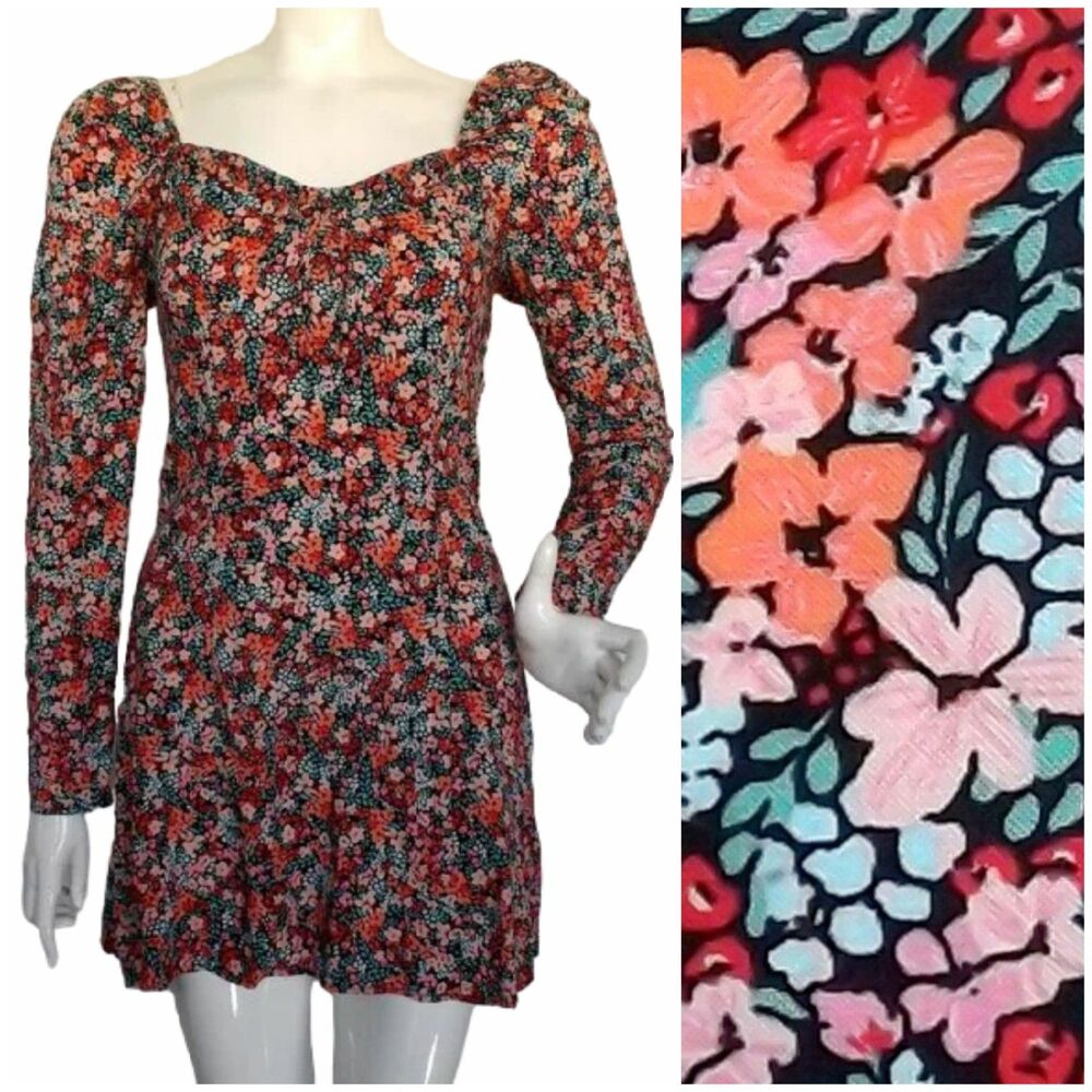 BP/Norstrom Mini Dress, S, Black Floral, Long Sleeves, Smocked Bodice, Rayon